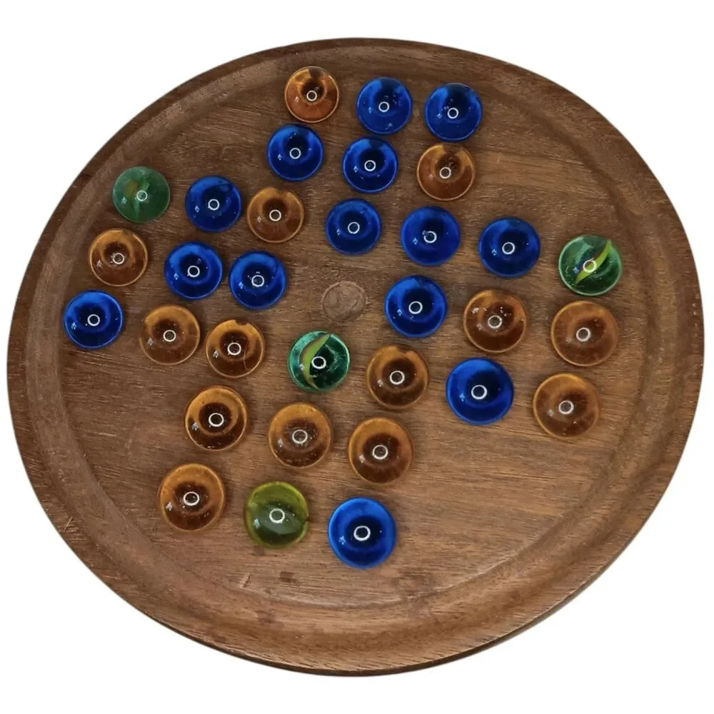 Vintage Handmade Wood Solitaire Game with 32 Glass Marbles 11